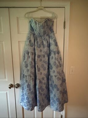 Altard State Blue Floral Strapless Party Dress with Pearl Trim